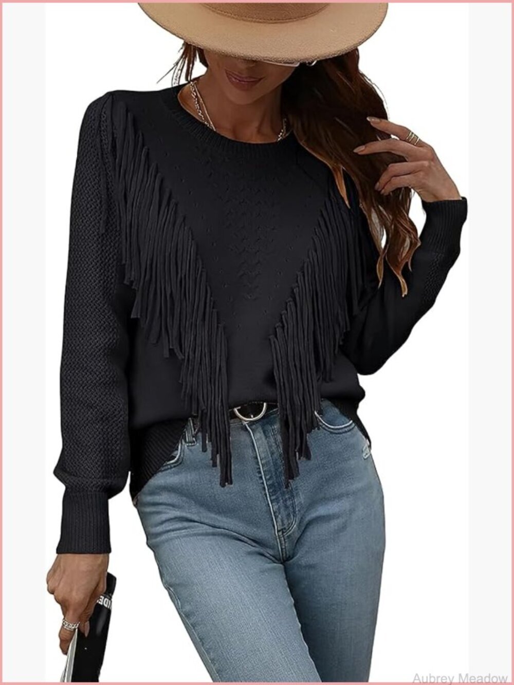 Women's Fringe Tassels Crochet Long Sleeve Knitted Fall Pullover Sweater